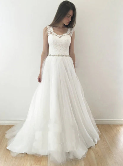 Sleeveless Floral Lace Ivory Wedding prom Gown with Tulle  cg7180
