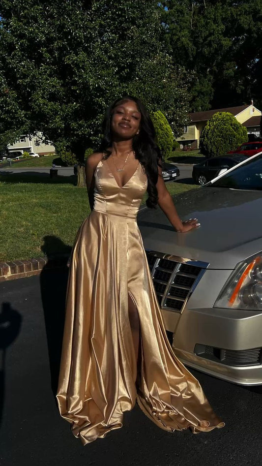 A Line V Neck Gold Sleeveless Satin Long Prom Dress,Formal Gown      cg24925