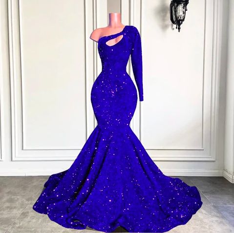 Royal blue sparkly prom dresses long sleeve one shoulder mermaid cheap formal party dresses     cg24875