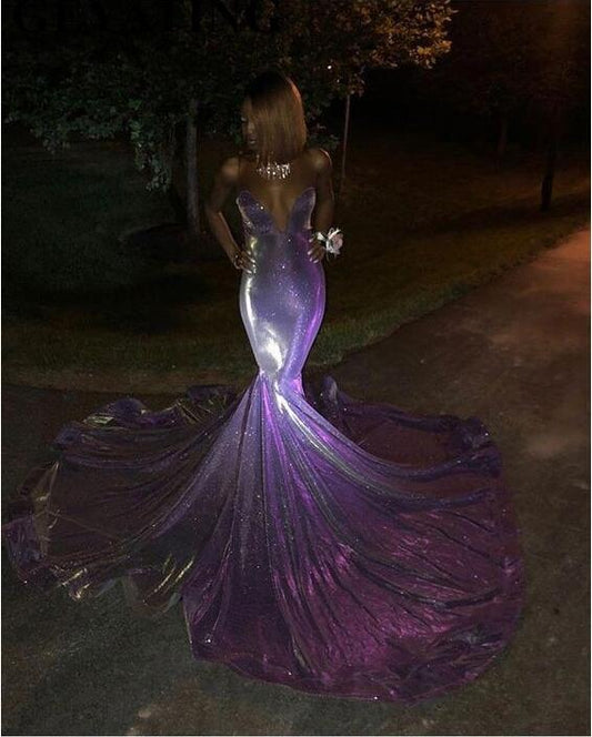 Glitter Long Mermaid Black Girl Prom Dresses Sweetheart Court Train Purple Sequin African Evening Formal Dress     cg24878