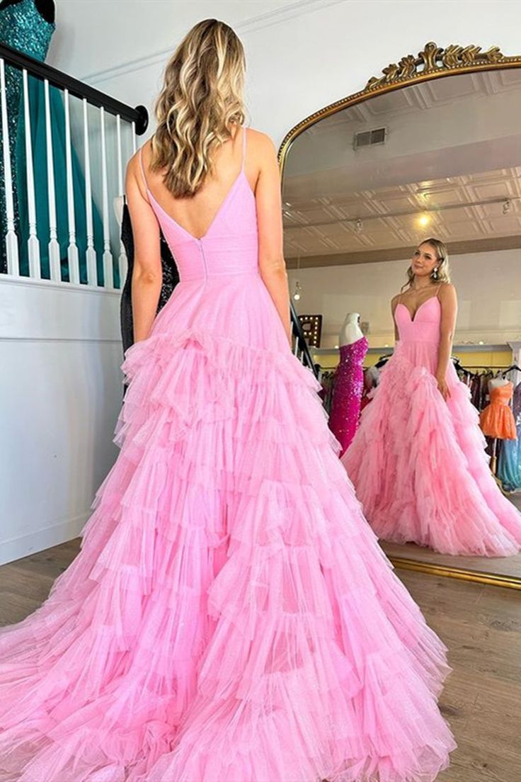 V Neck Pink Long Prom Dresses, Pink V Neck Long Formal Evening Dresses       cg24952