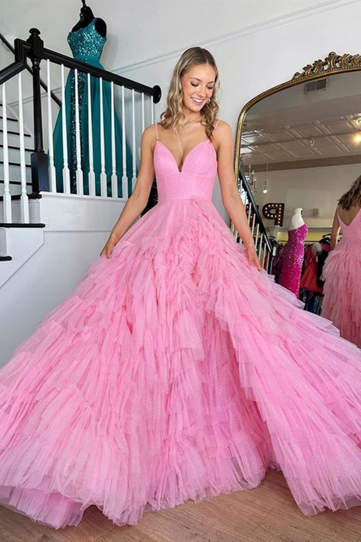 V Neck Pink Long Prom Dresses, Pink V Neck Long Formal Evening Dresses       cg24952