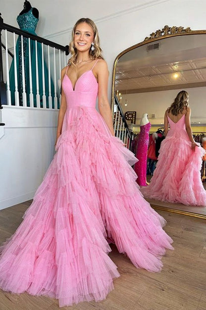 V Neck Pink Long Prom Dresses, Pink V Neck Long Formal Evening Dresses       cg24952
