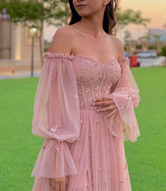 Pink Off The Shoulder Long Prom Dress A-line Evening Dress    cg24975