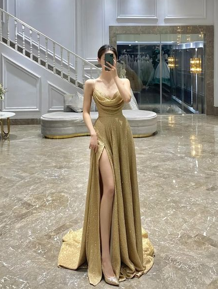 Gold Prom Dresses A line Evening Gown with Side Slit   cg24956