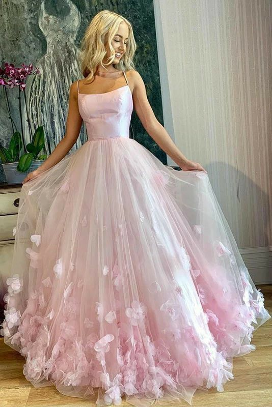 Pink tulle 3d applique long prom dress, pink tulle evening dress  cg7234