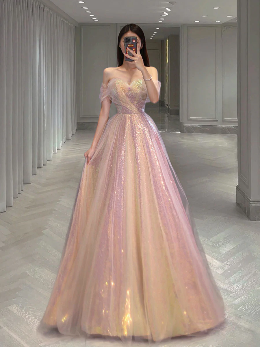 A Line Tulle Sequin Long Prom Dress, Off Shoulder Formal Graduation Dress    cg24966