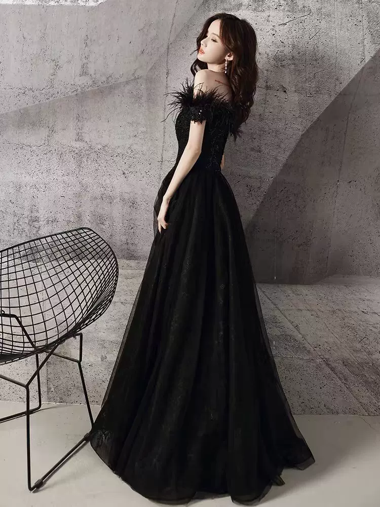 BLACK TULLE BEADS LONG A LINE PROM DRESS EVENING DRESS    cg21506