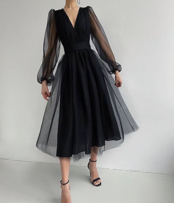 Unique Black Tulle Long Sleeves Prom Dress  cg10005
