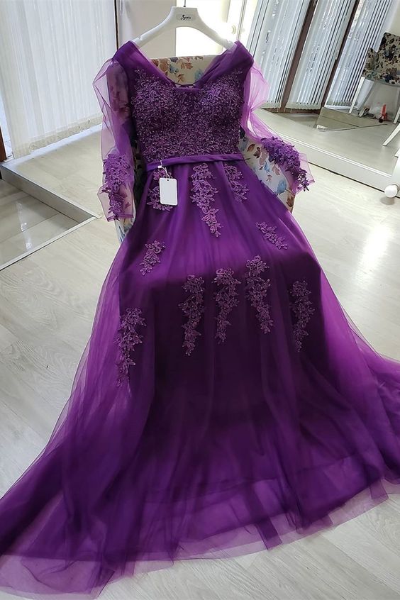 purple tulle long evening dress with long sleeves and lace appliques prom gowns for girls  cg10041