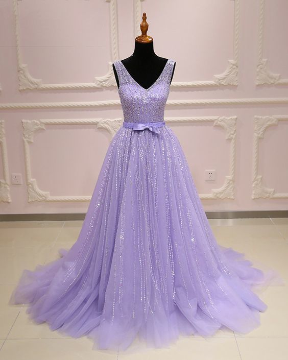 Lavender tulle V neck long customize A-line sequins senior prom dress with bowknot   cg10074