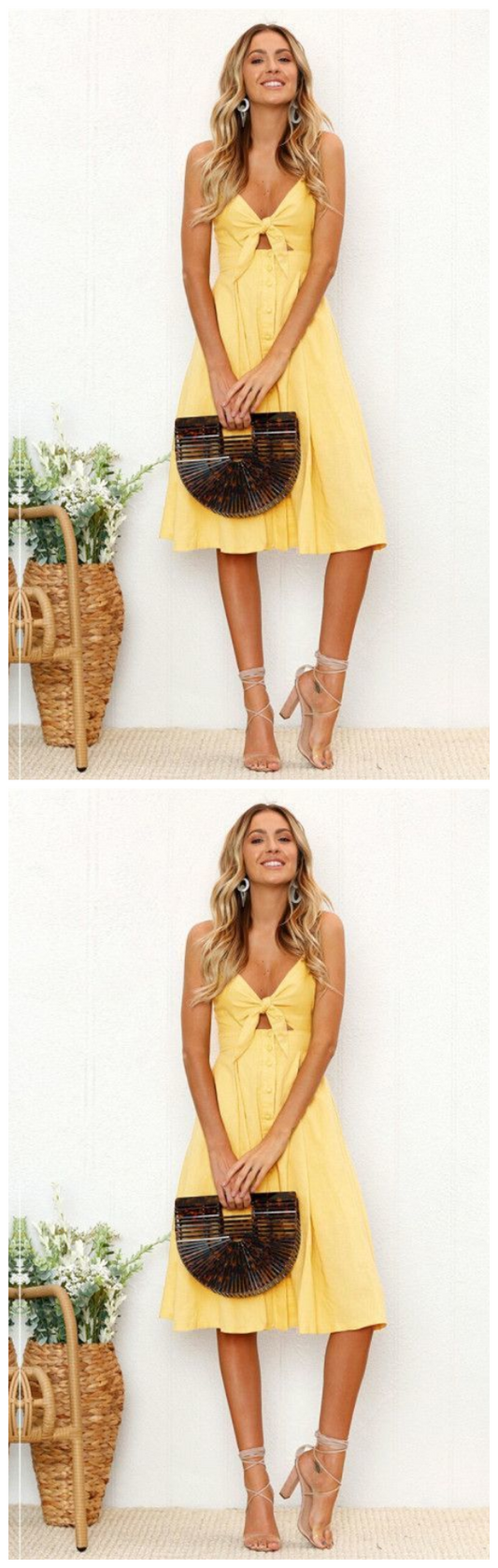 Cute Straps Yellow Tie Front Dress, Back to School Dress, Short Homecoming Dress   cg10080