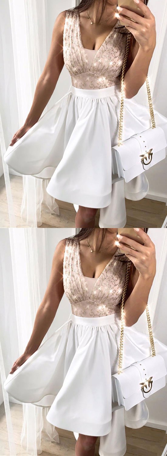 White v neck sequins short dress, homecoming dress cg1010