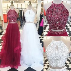 Special A-Line Burgundy/White Prom Dress - Two Piece Square Keyhole Asymmetry Beading   cg10135