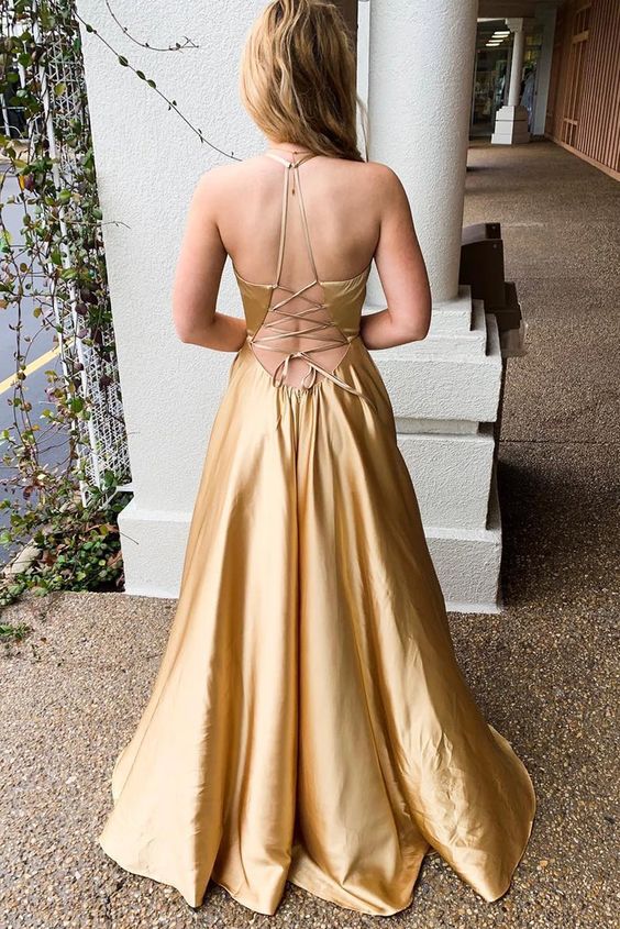Halter Lace-Up Mesh Gold Long Prom Dress with Slit   cg10136