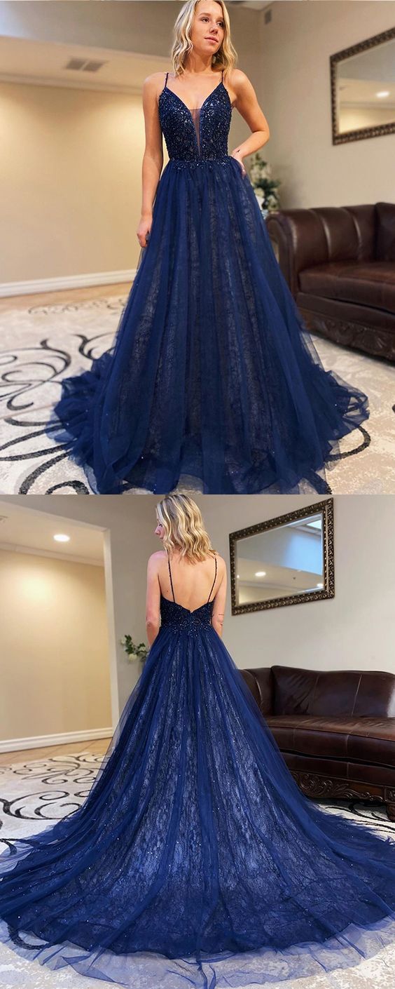 Spaghetti Straps Navy Blue Beading Bodice Tulle Prom Dress   cg10138