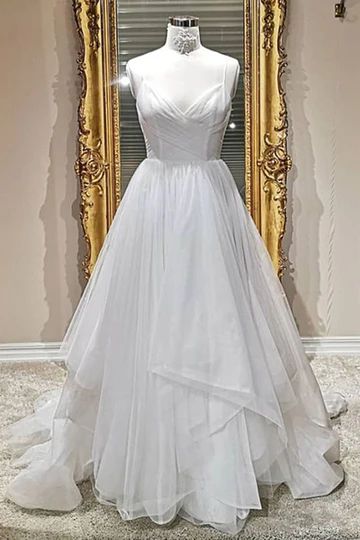 Simple White Tulle V Neck Spaghetti Straps Long Prom Dress   cg10144