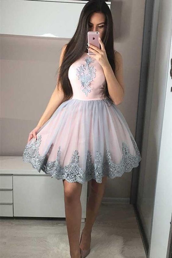 Cute A-Line Round Neck Pink Homecoming Dress with Appliques  cg10197
