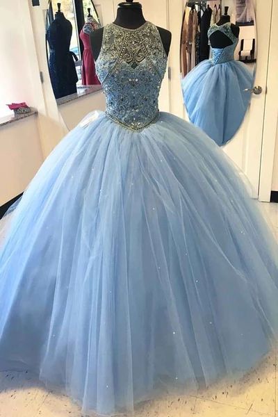 Sexy Open Back Blue Beaded Ball Gown A line Long Evening Prom Dresses  cg10198