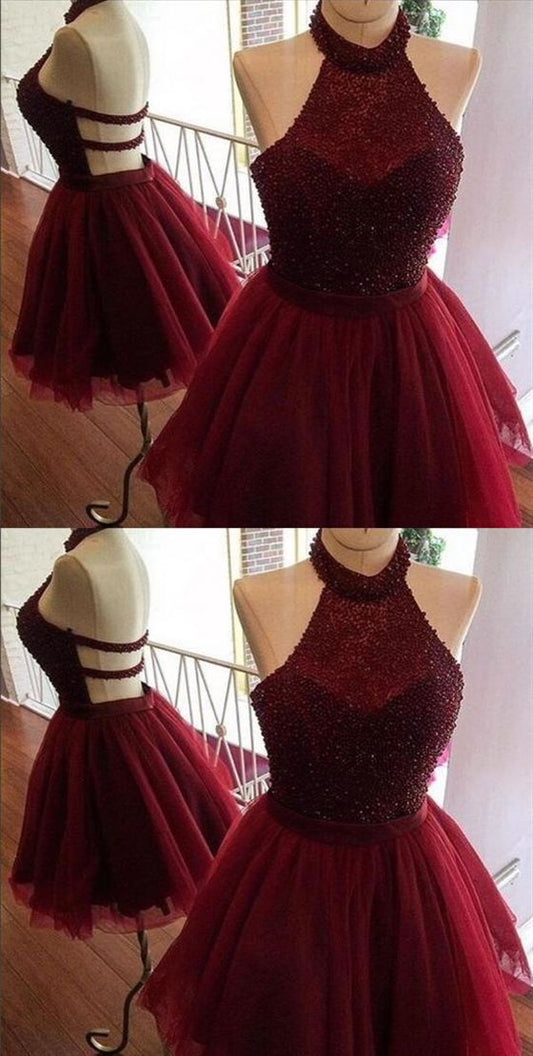 Burgundy Halter Sleeveless Backless Homecoming Dresses Short Cocktail Dresses   cg10224