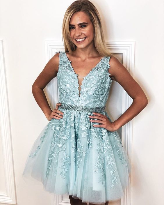 chic v-neck sleeveless sky blue homecoming dresses with appliques, fashion simple a-line dresses   cg10244