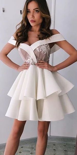 Off Shoulder A-line Ivory Homecoming Party Dress With Layers   cg10346