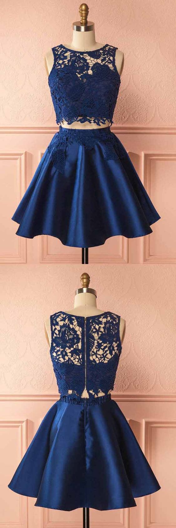 Two Piece Dark Blue Satin Homecoming Dress With Lace Appliques   cg10357