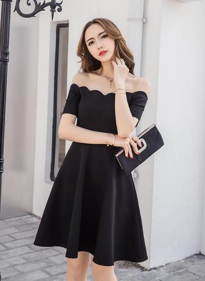 Off Shoulder Black Stain Short Dress,Homecoming Dress   cg10374