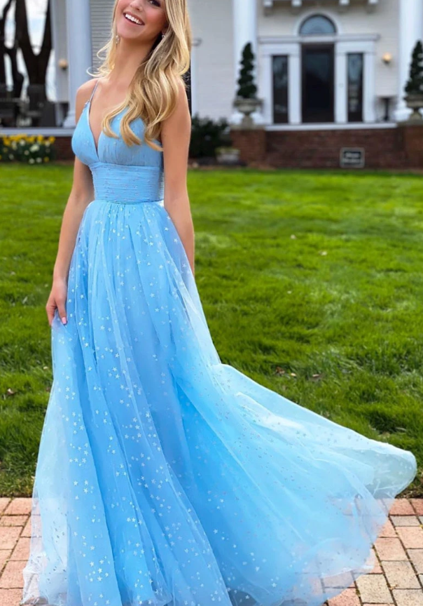 Simple blue v neck tulle long prom dress blue tulle formal dress   cg10390