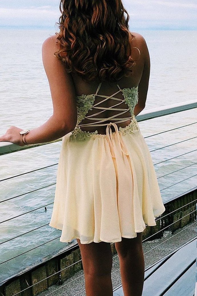 Lace Up Back Short Yellow Homecoming Dress  cg10431