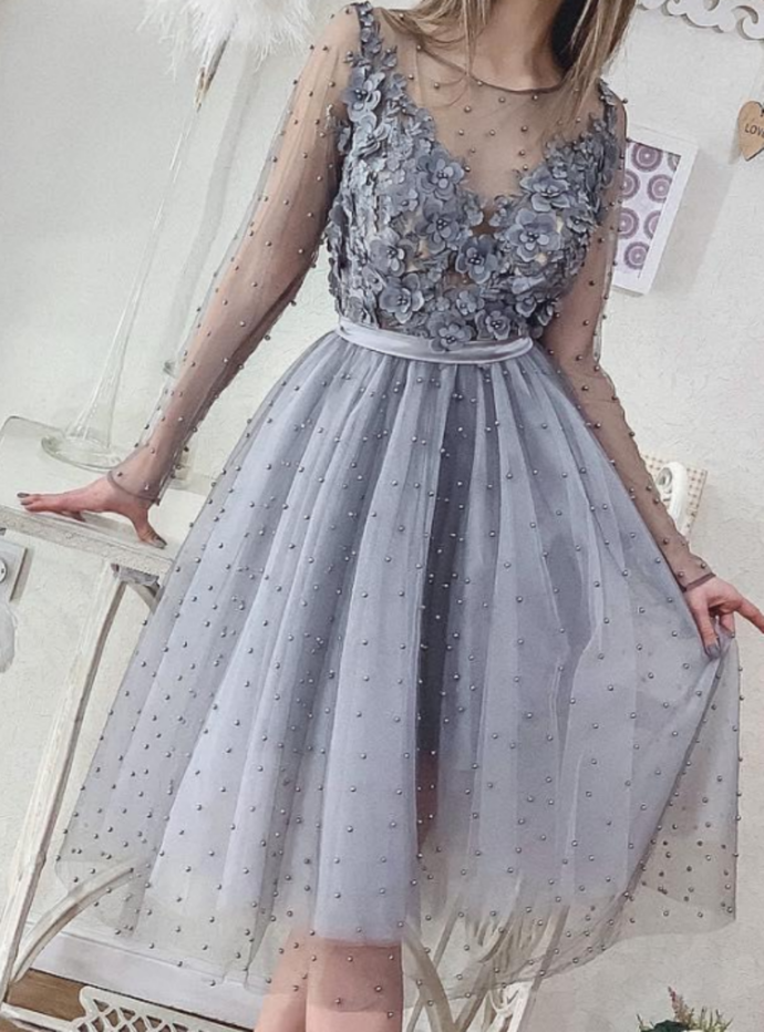 A-Line SIlver Long Sleeve Appliques Pearls Short Prom Dress   cg10446