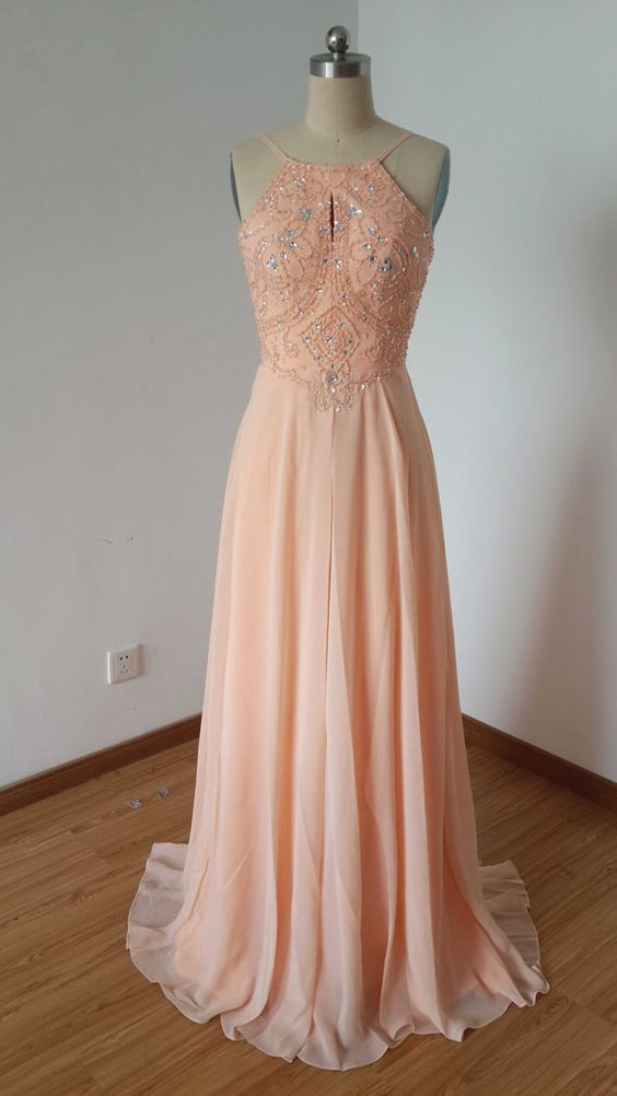 Backless Spaghetti Straps Light Peach Chiffon Long Prom Dress   cg10451