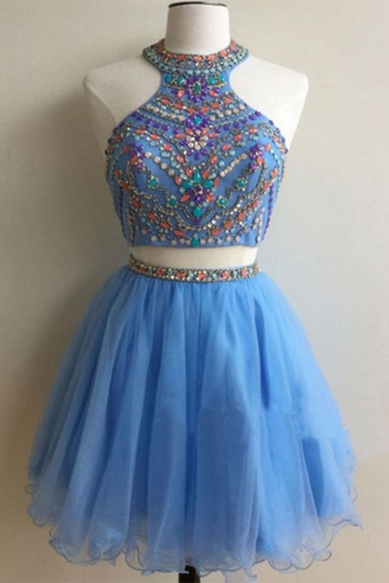Light blue organza two pieces beading sequins A-line short homecoming dresses for teens,party dresses  cg10497