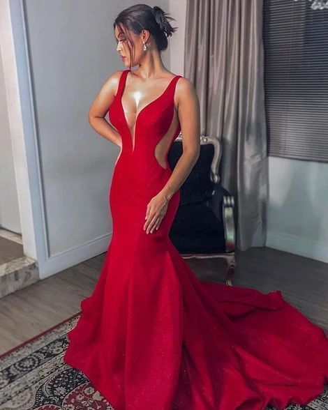 Charming V neck Red Mermaid Evening Dress, Formal Dress prom dress   cg10553