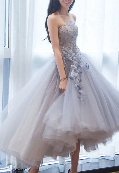 GRAY SWEETHEART TULLE LACE SHORT PROM GOWN, GRAY LACE COCKTAIL DRESS   cg10582