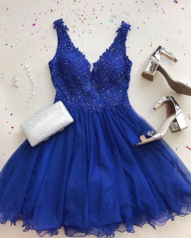 Cute A Line V Neck Tulle Beaded Royal Blue Short Homecoming Dresses with Appliques cg1059