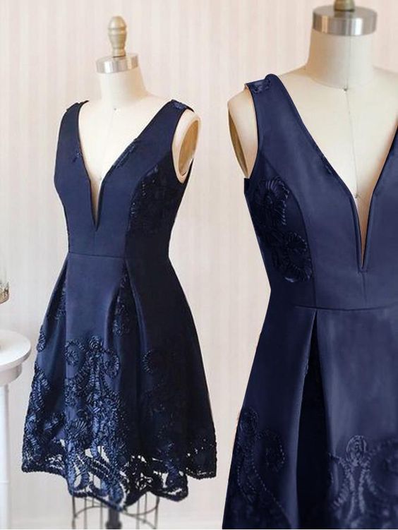 Dark Navy Homecoming Dress Straps Satin V-neck Short     cg10621