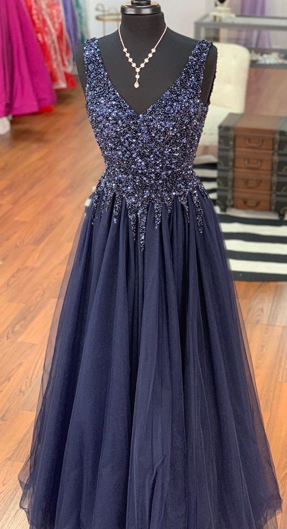 handmade v neck navy blue long prom dress   cg10663