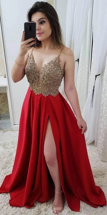 Red V neck A-Line Prom Dress with Straps, Appliques Evening Dress   cg10738