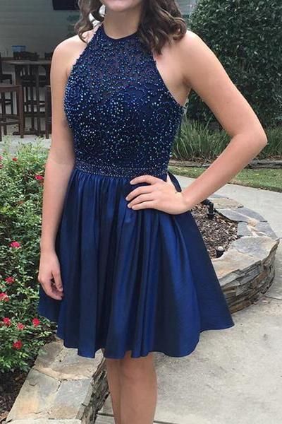 Blue Halter Homecoming Dresses, Sequins Beading Short    cg10746