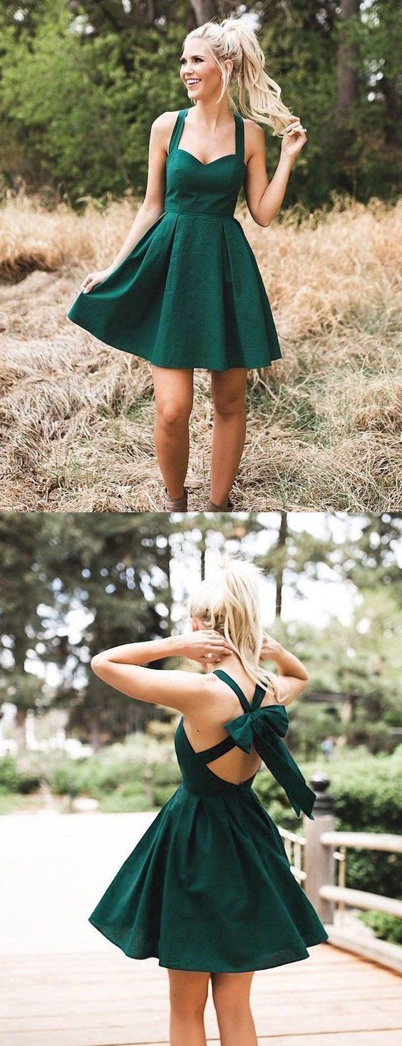 Teal Green Satin Halter With Bowknot Simple Homecoming Dresses   cg10748