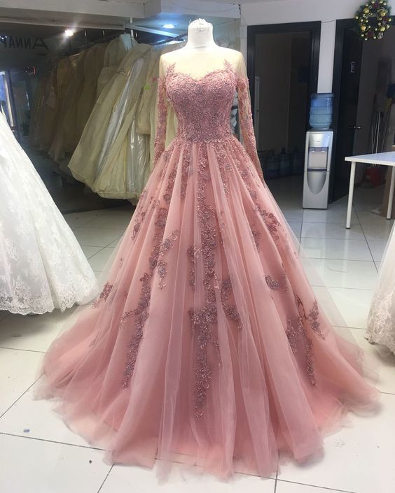Fashion Tulle Long Sleeve Pink Appliques Quinceanera Ball Gown Prom Dress, Wedding Party Dress  cg10767