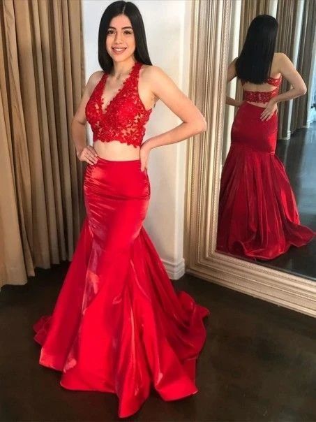Long Red Two Pieces Lace Prom Dresses Formal Evening Gowns   cg10808