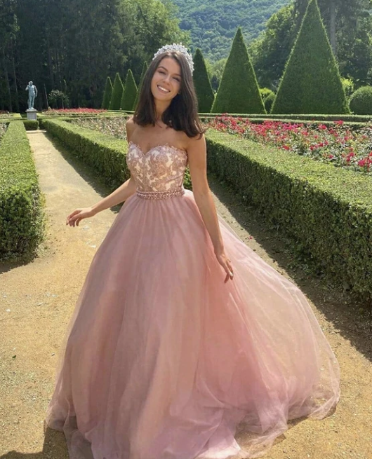 Pink tulle lace long prom dress evening dress   cg10814