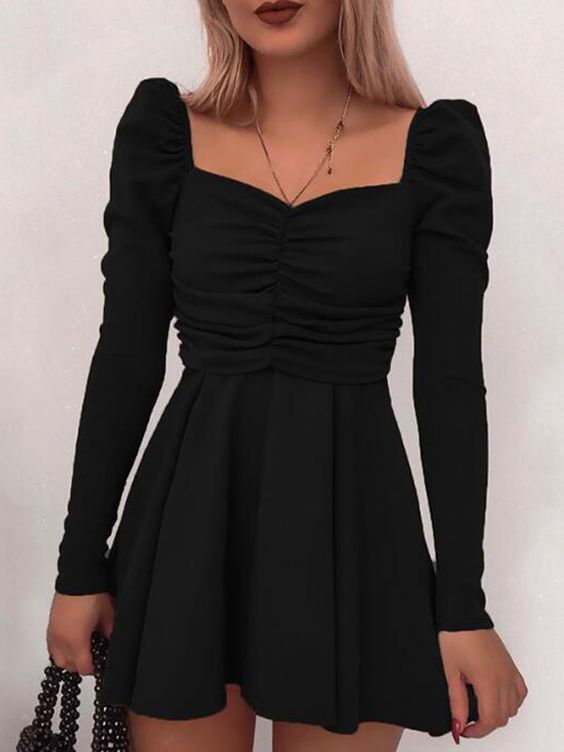 Black Pleated Square Neck Puff Sleeve Homecoming Party Mini Dress    cg10831