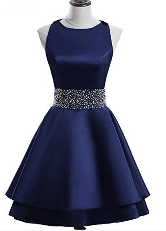 Navy Blue Satin Layers Cross Back Homecoming Dress   cg10845