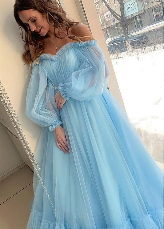 Modest Tulle Off-the-shoulder Neckline Floor-length A-line Prom Dresses With Lace Appliques    cg10851