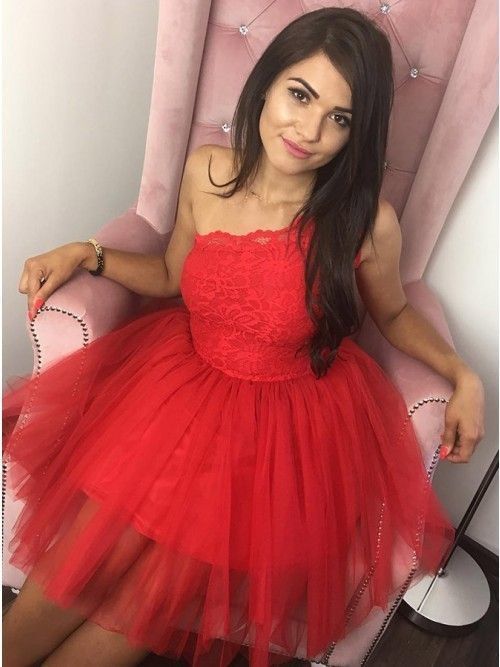 Princess Tulle Red One Shoulder Lace Dress, Short Homecoming Dress   cg10920