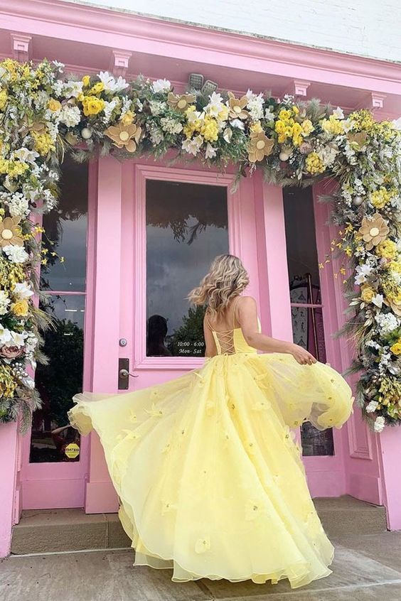 Straps Tulle Bodice 3D Flowers With Back Lace Up Yellow Long Prom Dress   cg10929