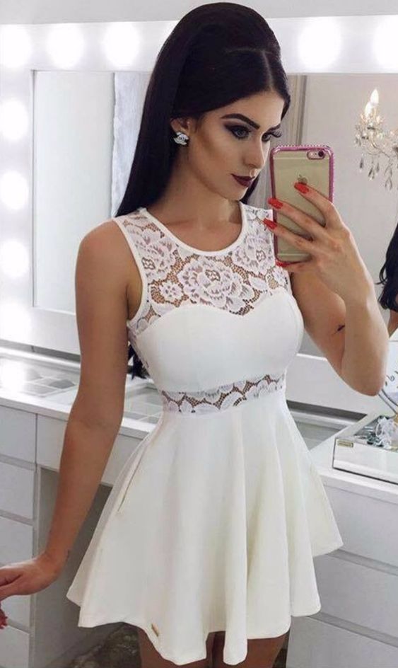 A-Line Crew Short White Homecoming Dress with Lace Pockets cg1093